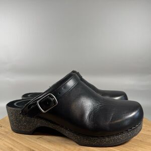 Aetrex Beckie Cork Clog 8.5 Black Leather Buckle Arch Support